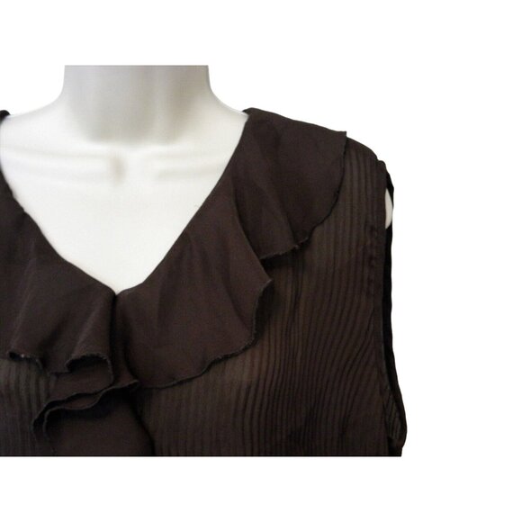 Christopher & Banks Ruffled Top L Dark Brown Sheer Pleated Sleeveless - Picture 5 of 10
